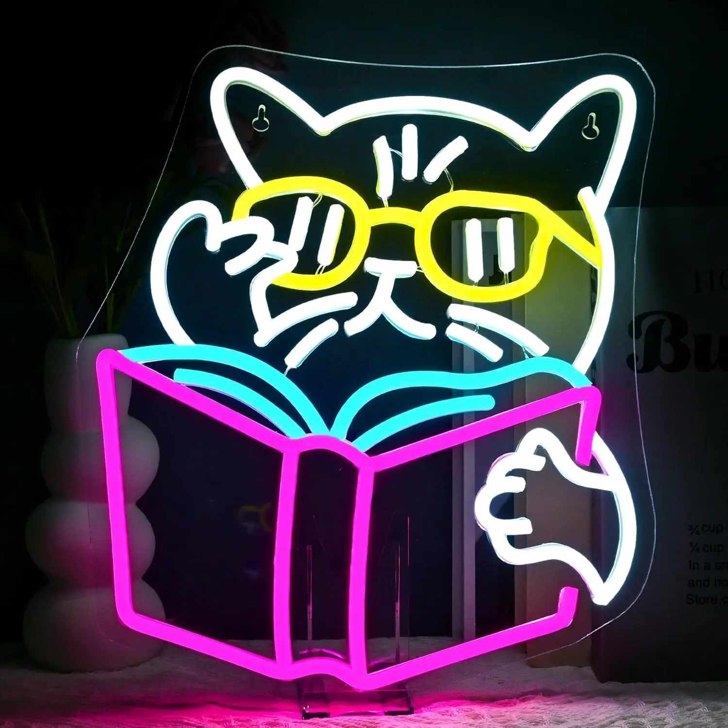 Kids Outdoor Ideas - Intelligentes Katzen-Lesebuch-Neonschild mit Brille, LED-Wandkunst, USB-betrieben,